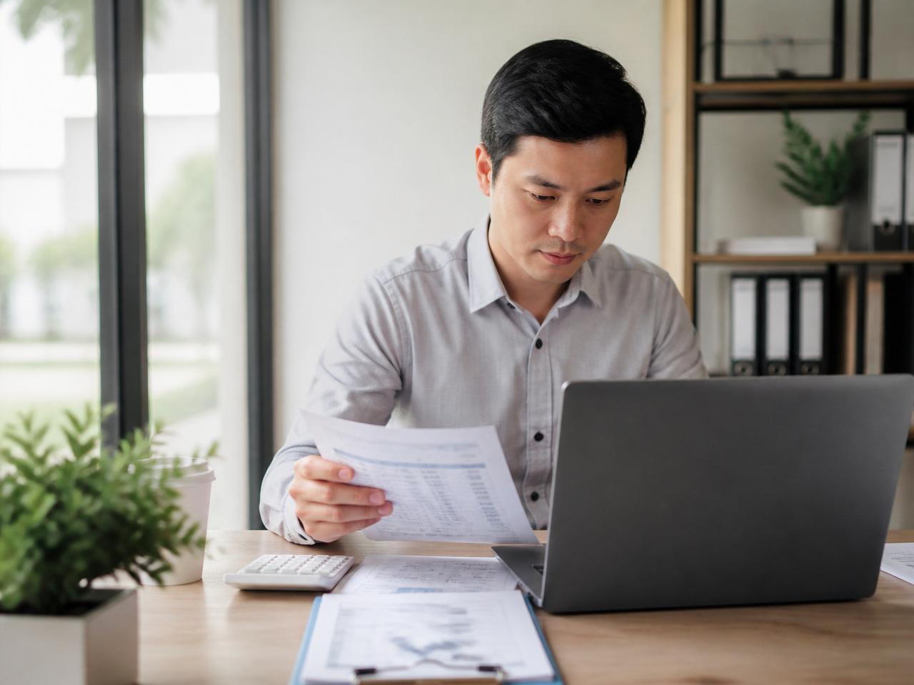 Accountant working on financial reports at a clean desk