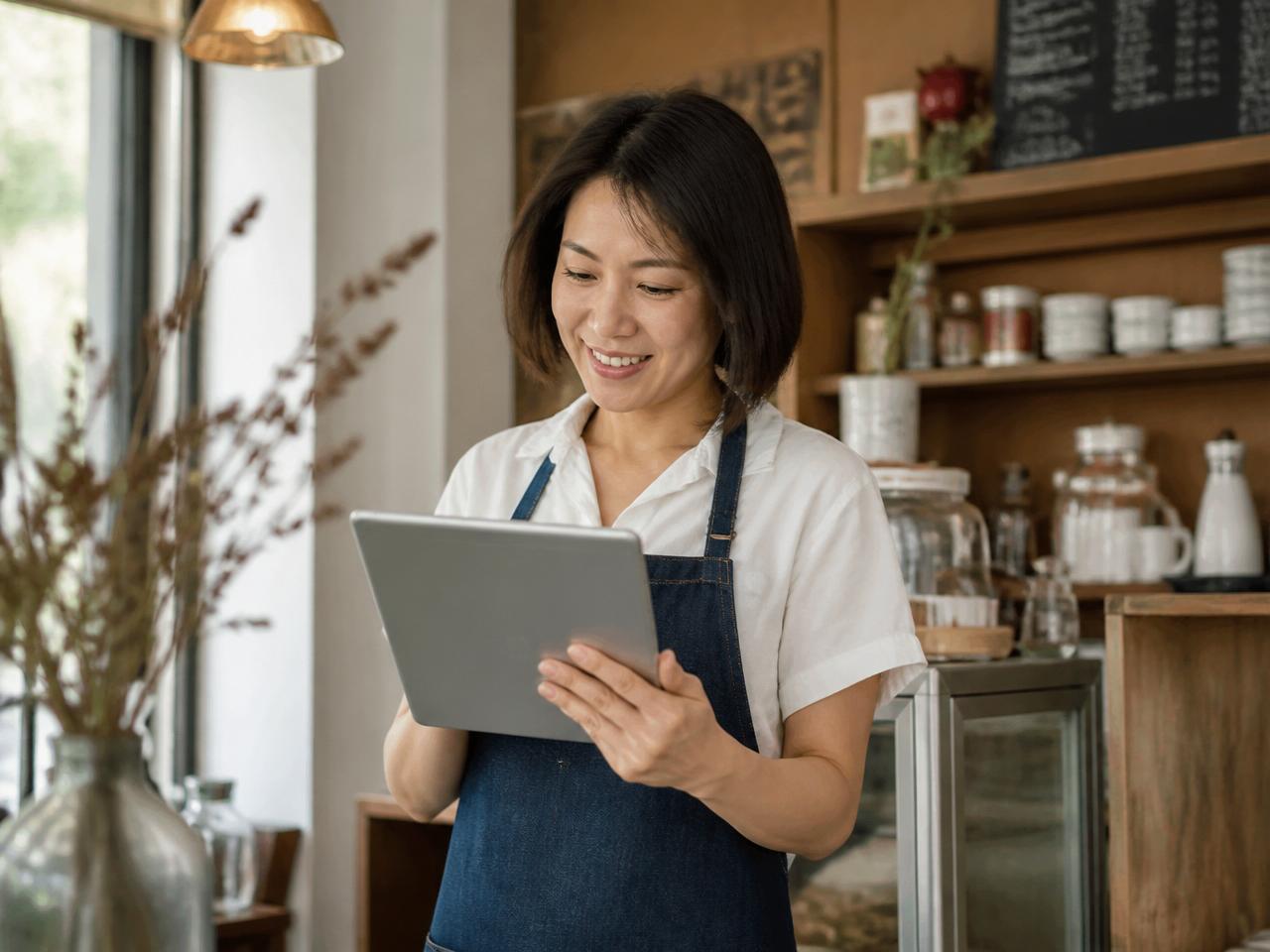 Business owner reviewing an invoice on their phone in a modern café